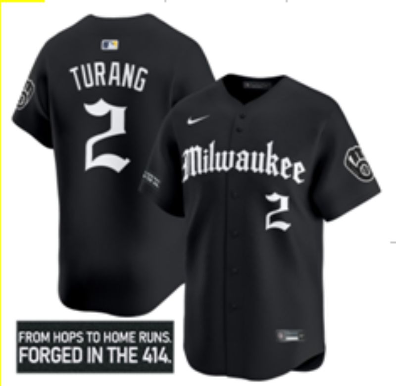Men 2025 Milwaukee Brewers #2 Turang Black Five generations Joint Name Nike MLB Jersey style 2